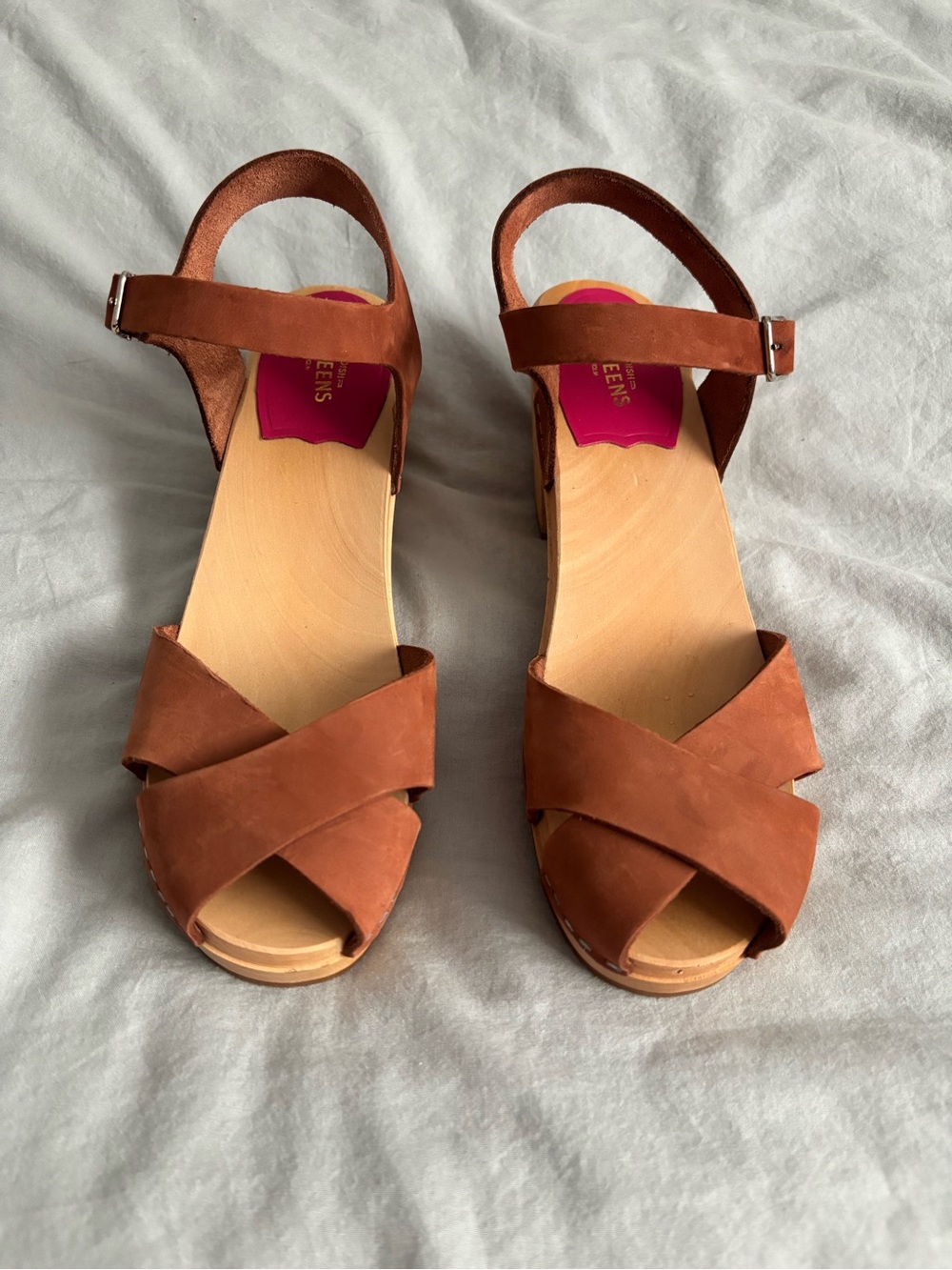 Like new Swedish Hasbeens Rust Brown Crisscross Leather Wedge Sandals
